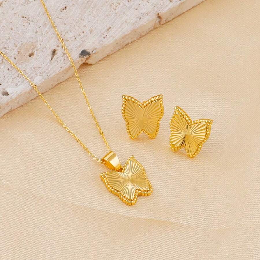 Bộ trang sức hình bướm mạ vàng 24K, dây chuyền mặt dây chuyền và bông tai tinh tế, trang sức thời trang không gây dị ứng, quà tặng lễ Phục sinh, Ngày của Mẹ, Ngày Valentine, sinh nhật, kỷ niệm, trang sức thời trang hàng ngày cho nữ, thích hợp dự tiệc, đám cưới và cô dâu. - Vàng - Xem 1