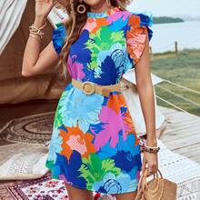 Đầm nữ Feifei Princess phong cách Thái casual, tay bèo, họa tiết hoa nhí, một túi, đầm hoa mùa hè đi du lịch thanh lịch - Màu xanh lam rực rỡ - Xem 6