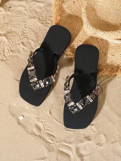 Evertop Surf [Hàng mới về mùa hè] Dép xỏ ngón nữ đính đá sang trọng, dép sandal đi biển đính kim cương pha lê, dép xỏ ngón đế mềm mại dùng trong nhà/ngoài trời, giày đi biển thời trang, quà tặng sinh nhật và ngày lễ lý tưởng.