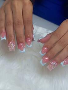 24pcs Short Square 3D Gel Nail Stickers, Pearl Decor Design, Light Blue French Acrylic Adhesive Nail Stickers, Perfectly Fit Short Nails, Set Includes 1 Gel Polish And 1 Nail File - Baby Blue - View 2