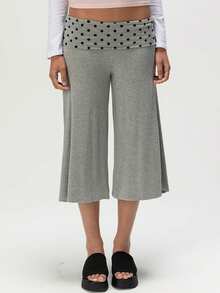 Women Fold Over Low Rise Lounge Capris Pants Casual Wide Leg Cropped Flowy Gaucho Pants Comfy Foldover Waist Yoga Coluttes Pajama Bottoms Summer Beach Palazzo Pants - 波點灰 - 查看 1