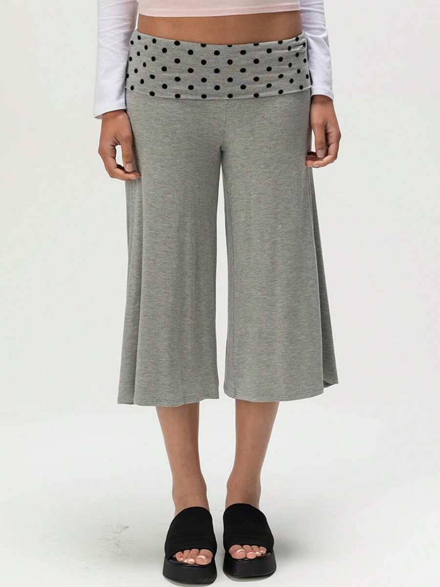 Women Fold Over Low Rise Lounge Capris Pants Casual Wide Leg Cropped Flowy Gaucho Pants Comfy Foldover Waist Yoga Coluttes Pajama Bottoms Summer Beach Palazzo Pants - 波點灰 - 查看 1