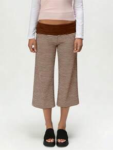 Women Fold Over Low Rise Lounge Capris Pants Casual Wide Leg Cropped Flowy Gaucho Pants Comfy Foldover Waist Yoga Coluttes Pajama Bottoms Summer Beach Palazzo Pants - Nâu sọc - Xem 1