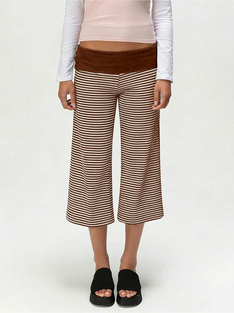 Women Fold Over Low Rise Lounge Capris Pants Casual Wide Leg Cropped Flowy Gaucho Pants Comfy Foldover Waist Yoga Coluttes Pajama Bottoms Summer Beach Palazzo Pants - Nâu sọc - Xem 1