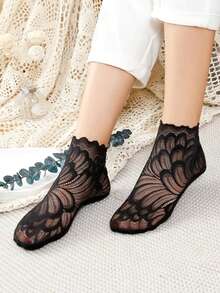 1/5/10 pares de calcetines de verano invisibles para mujer con patrón de encaje y plumas, antideslizantes, ultradelgados y cómodos, transparentes - Multicolor - Ver 16