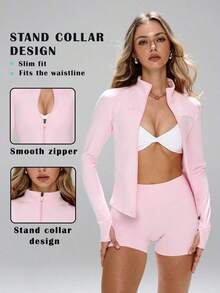 Women's Slim Fit Breathable Sports Set, Suitable For Outdoor Running, UV Protection Zipper Elastic Minimalist Slim Fit Fashionable Sexy High-Quality Basic Streetwear Elastic Casual Unique Color Brightening Skin Tone Elegant Tight Fit Warm Long Sleeve Yoga Jacket - 粉色 - 查看 2