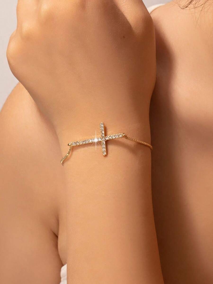 1pc Fashionable Adjustable Cross Bracelet, Minimalist & Versatile - Gold - View 1