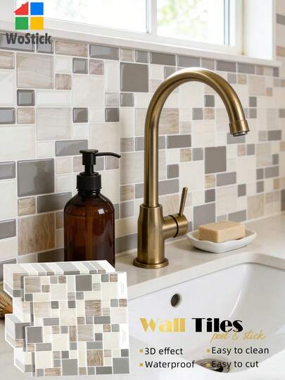 WoStick 10 Inch X 10 Inch Waterproof Textured Vinyl DIY Wallpaper, Self-Adhesive Square Tile Stickers, Suitable For Home Decor