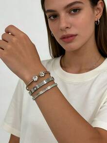 3件套不锈钢和925银心形水晶手链套装，适合女性日常佩戴、节日礼物、时尚手链套装 - 銀色 - 查看 2