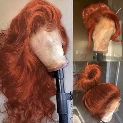 13x4 Orange Lace Front Wig, Orange & Ginger Curly Wig, Breathable Lace Wave Wig, Orange Wig For Summer, Easy To Install Lace Wig With No Glue Or Trace, Heat-Resistant Fiber, Beginner-Friendly 28 Inch For Women