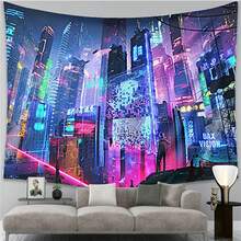 Cyberpunk Neo Futuristic Poster Tapestry  Fantasy City Cyberspace Neon "Good Vibes Only" Art Game Room Kids Bedroom - 多色 - 查看 3