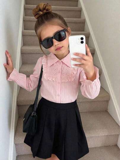 Girls' Regular Sleeve Ruffle Trim Casual Outdoor Top, Cute Pink Blouse