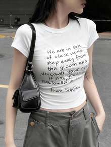 Women's Round Neck Short Sleeve T-Shirt, American Style Babe, Summer New Letter Print, Slim Fit Fashion Cropped Top Casual White - White - View 6