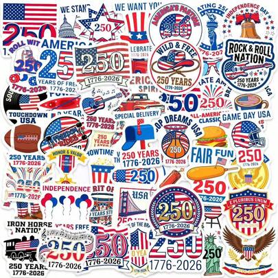 50 miếng dán kỷ niệm 250 năm ngày Quốc khánh Hoa Kỳ, 2026 Mỹ - Ngày Độc lập 4 tháng 7 - Hình dán vinyl chống thấm nước, chống tia UV, trang trí xe hơi, laptop, sổ tay, bình nước, hành lý, sổ lưu niệm.
