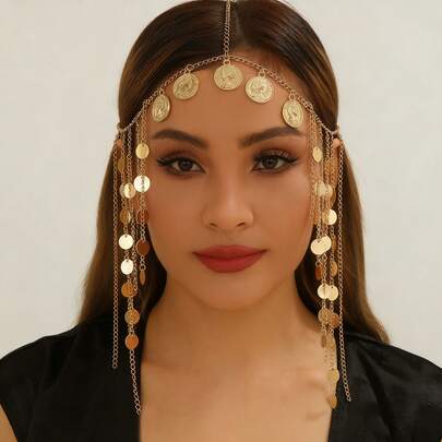 1件阿拉伯风格金色亮片硬币流苏发链，适合女性和女孩佩戴，可作为头饰或发饰。