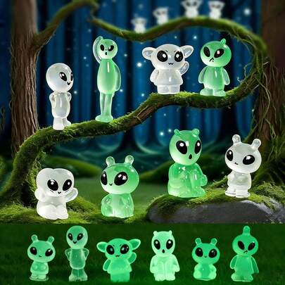 8件套发光外星人饰品套装，创意透明绿色多形态外星人树脂装饰品，适用于家居装饰、花园盆栽、派对装饰、微景观制作，可用作礼物和万圣节装饰品