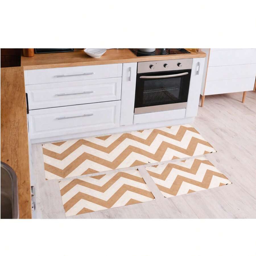 3-Piece Decorative Non-Slip Kitchen Runner Rug Set - Chevon Caramel - 查看 1