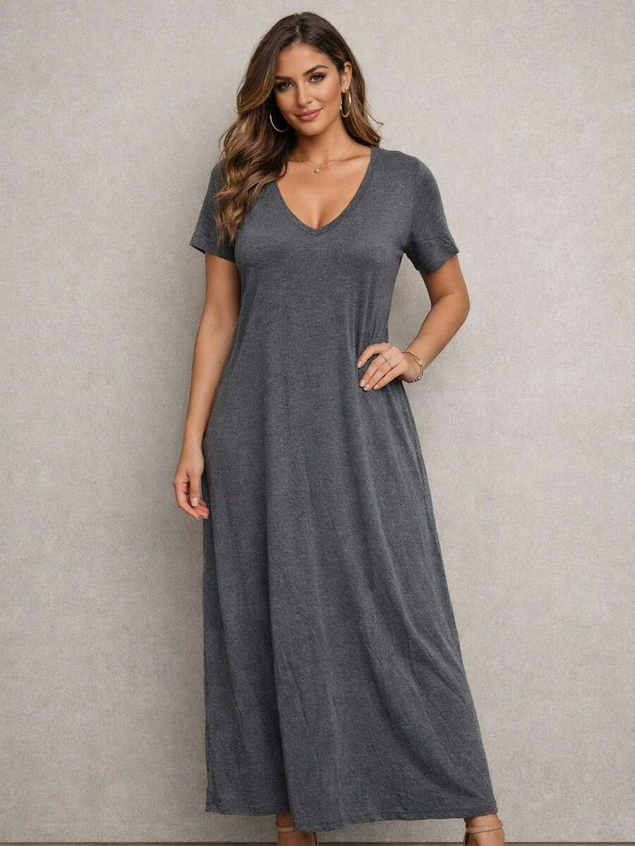 Women's Long Dress With Short Sleeves - Gris grafito - Ver 1
