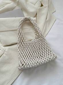 New Spring/Summer Hollow Mesh Mini Handbag, Woven Rope Wristlet, Fashion Beach Vacation Bucket Bag - White - View 7