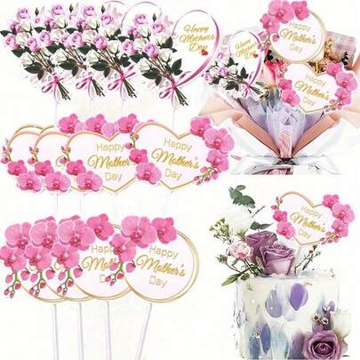 12 PIEZAS Decoraciones para cupcakes del Día de la Madre, Toppers de cupcakes del Día de la Madre de color rosa, Suministros de decoración de pasteles para el Día de la Madre, Decoración de fiestas con cartulina