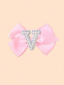 1 pieza Lazo para el cabello con inicial de la A a la Z, color rosa, con perlas y diamante de imitación, clip para el cabello tipo moño de animadora para volver a la escuela y ocasiones especiales - Rosa - Ver 11