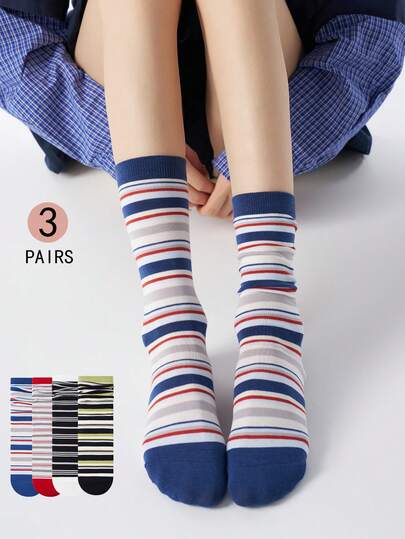 3双装女士中筒袜，条纹撞色设计，时尚春夏款，耐穿、舒适、透气