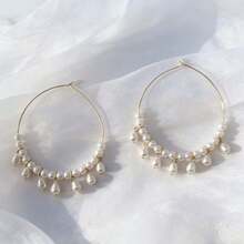1 par de pendientes de mujer con cuentas de perlas falsas y borlas con colgante de perla falsa en forma de lágrima asimétrica, accesorio de lujo de estilo de resort de playa - Amarillo dorado + blanco - Ver 5