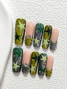 10Pcs Understated French Style Polygel Nail Set,Hand-Painted Light Green And Dark Green Irregular Five-Pointed Star Nail Decorations,Solid Color Water Ripple,White 3D Five-Pointed Star,Dark Green Cat Eye Nail Polish,Comes With Nail Tools(1 Sheets Jelly Stickers+1PC Nail File)3 Sizes Available,Almond Nails, Duck Nails,Coffin Nails,The Perfect Gift For Romantic Spring - 彩色 - 查看 15