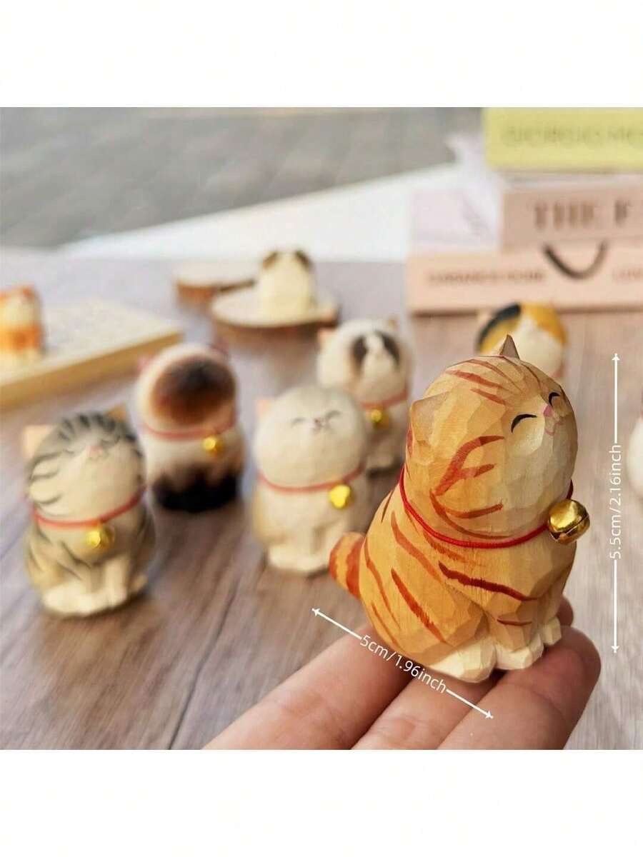 Handmade Wooden Cat Figurines | Hand-Painted Carved Cat Statues - Cute Home & Office Decor Gifts For Cat Lovers | Perfect BFF Gift