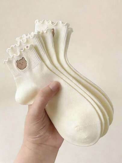 5 Pairs Cartoon Animal Bear & Bow Ankle Socks, Soft & Breathable, Minimalist Versatile, Suitable For Daily, Sports, Casual Wear, All Seasons, Random Delivery