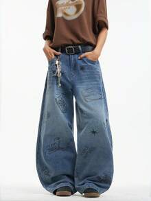 1件 Justice Brother 复古个性化设计印花男士蓝色牛仔裤，休闲宽松阔腿裤，品牌（不含腰带/配饰） - 藍色 - 查看 1