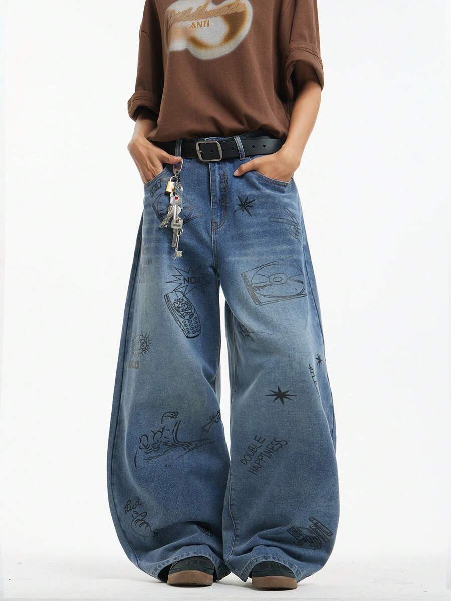 1件 Justice Brother 复古个性化设计印花男士蓝色牛仔裤，休闲宽松阔腿裤，品牌（不含腰带/配饰） - 藍色 - 查看 1