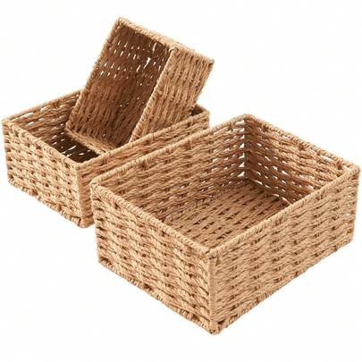 3pcs Small Wicker Basket For Organizing, Woven Storage Basket Set Of 3 - Handwoven Natural Paper Rope Baskets To Declutter Any Room, Perfect For Organizing And Home Decor