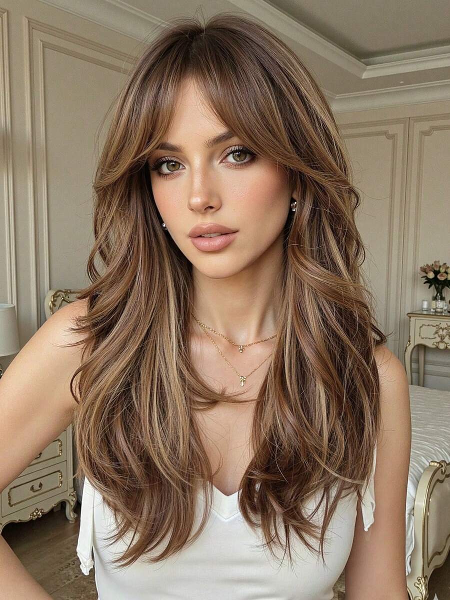 Perruque ondulée de 22 pouces de long avec frange sur le côté, racines foncées, perruque brune pour femmes avec ombré brun et blond. Perruque synthétique résistante à la chaleur pour usage quotidien, fête et cosplay