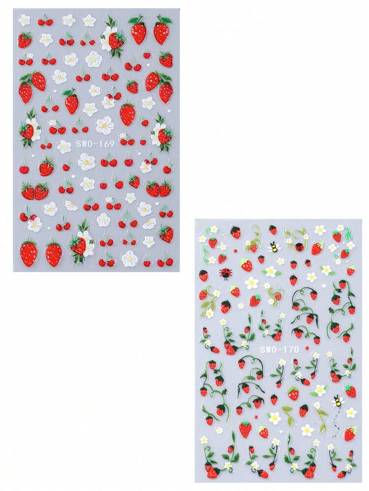 Serie de verano 2026 Nuevo conjunto: 2 piezas de calcomanías de uñas 3D con flores hawaianas, mariposas, cerezas, fresas y mariquitas, accesorios y suministros para arte de uñas - Multicolor - Añade 7