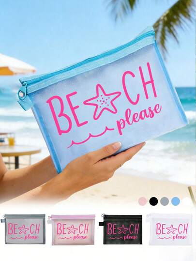 1个网眼化妆包，印有“海滩是我的快乐天堂”字样，饰有夏日海滩、热带棕榈树和海浪图案，可爱又实用。这款便携式收纳包配有拉链，可作化妆包、护肤品收纳包、洗漱包等，适合度假、海滩主题活动、旅行必备、宿舍用品、浴室收纳、唇彩和化妆品收纳。是旅行爱好者的理想之选，也是度假必备、婚礼新娘礼物、派对礼物、生日礼物、返校礼物和旅行礼物的完美选择。