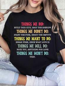 Neutral Vintage Style T-Shirt, With Fun Quotes Print Of 'Things We Have Done, Don't Want, Will Do, Won't Do', Short-Sleeve Round-Neck Casual Soft Tee, Daily Wear Patterned Top - 黑色 - 查看 1