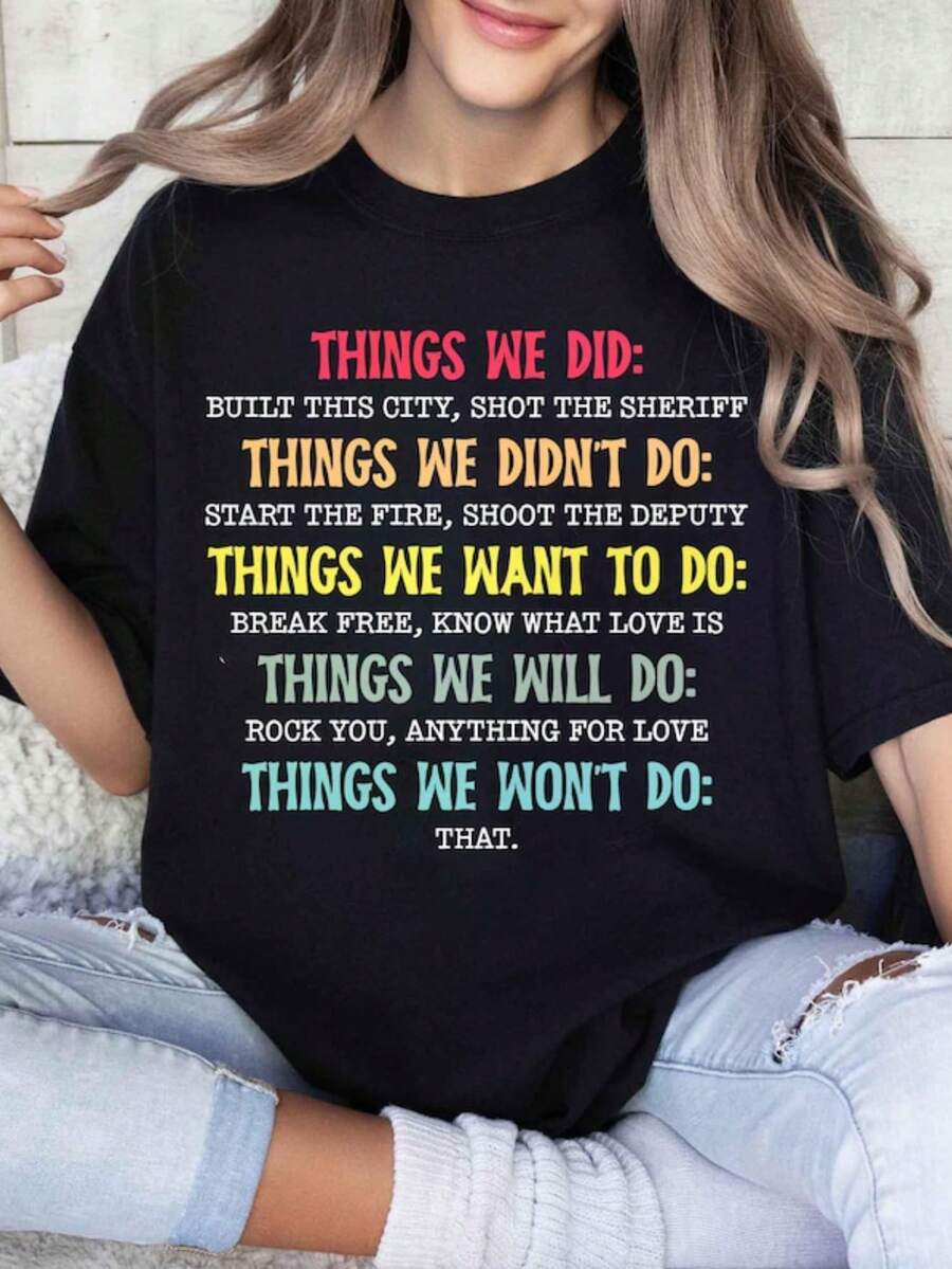 Neutral Vintage Style T-Shirt, With Fun Quotes Print Of 'Things We Have Done, Don't Want, Will Do, Won't Do', Short-Sleeve Round-Neck Casual Soft Tee, Daily Wear Patterned Top - 黑色 - 查看 1