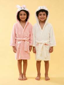 Tween Girls' Soft, Absorbent & Cute 3D Rabbit Design Bathrobe, Suitable For Spring, Autumn & Winter - Pink - View 8