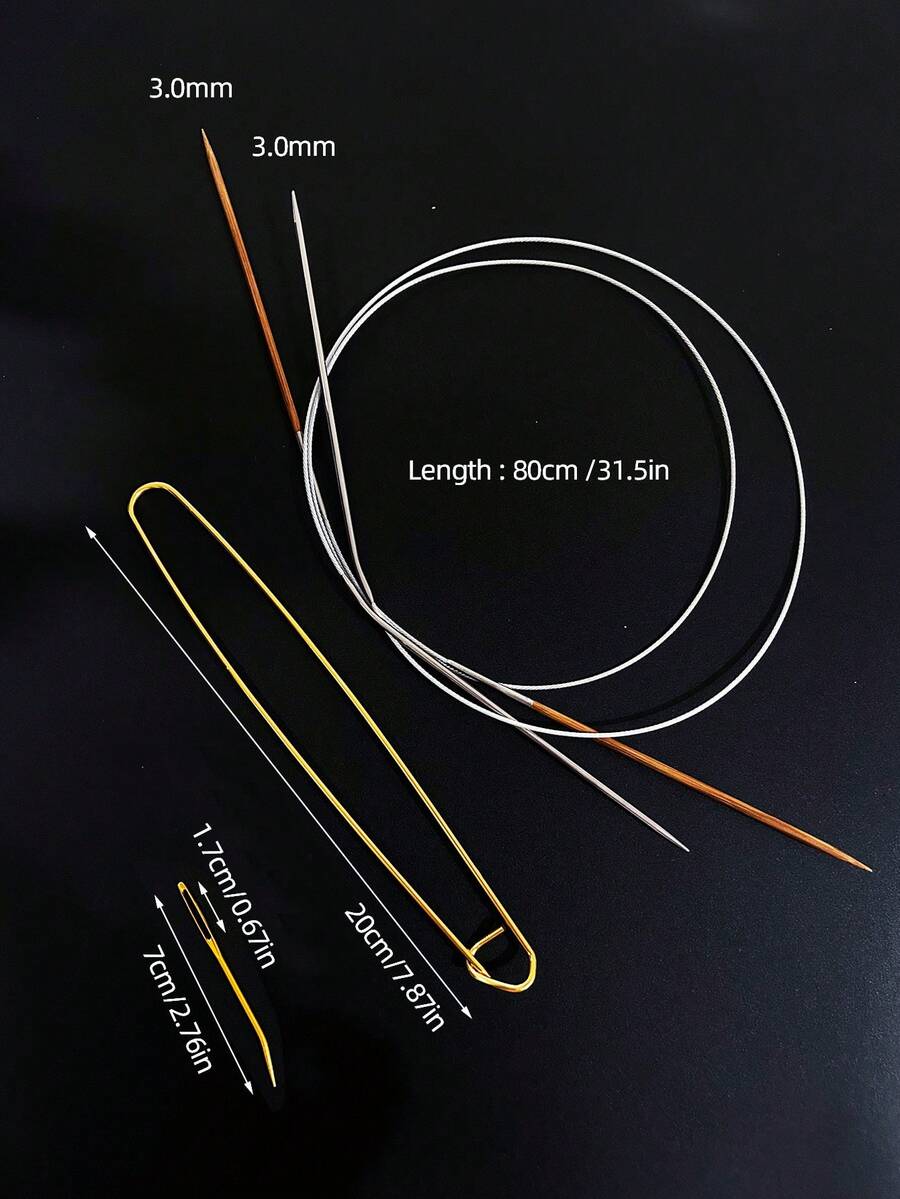 Bộ 3 kim đan tròn, kim đan áo len, tổng chiều dài 80cm, kim đan tròn bằng thép không gỉ 3.0mm + kẹp giữ mũi + kim khâu len, dụng cụ may vá, thích hợp cho các dự án thủ công bằng len và DIY. - Bộ kim đan tròn - Xem 1