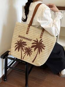 Summer Straw Tote Bag, Coconut Tree Pattern Women's Shoulder Handbag, Zipper Closure, Suitable For Beach & Holiday - Beige - View 7