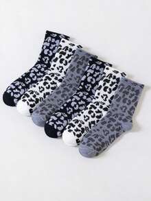 6 Pairs Women's Leopard Print Mid-Calf Socks, Black White Gray, Fashionable Minimalist Unique Retro Streetwear Design, Suitable For Casual Outfits - Multicolor - View 1