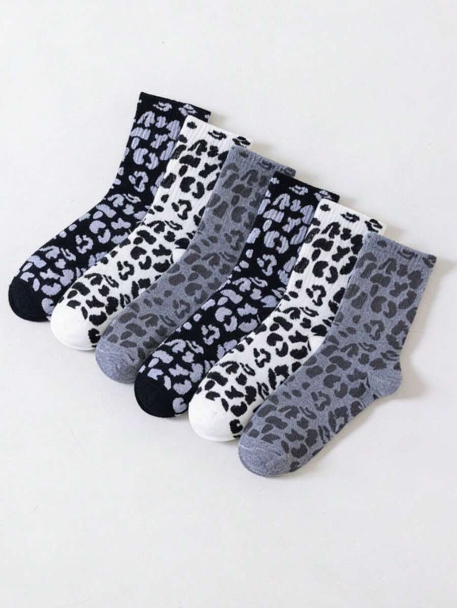 6 Pairs Women's Leopard Print Mid-Calf Socks, Black White Gray, Fashionable Minimalist Unique Retro Streetwear Design, Suitable For Casual Outfits - Multicolor - View 1