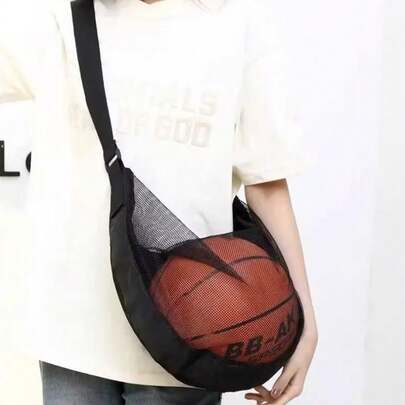 1pc Black Shoulder/Crossbody Basketball/Football/Volleyball Bag, Student Sports Equipment Storage Zipper Backpack