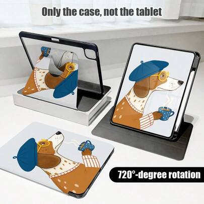 PU Leather Phone Case With Coffee Cup Holding Puppy Pattern, 720 Degree Rotating Stand, Auto Sleep/Wake Function, Suitable For Honor, Tablets, Apple Devices, With Pen Slot