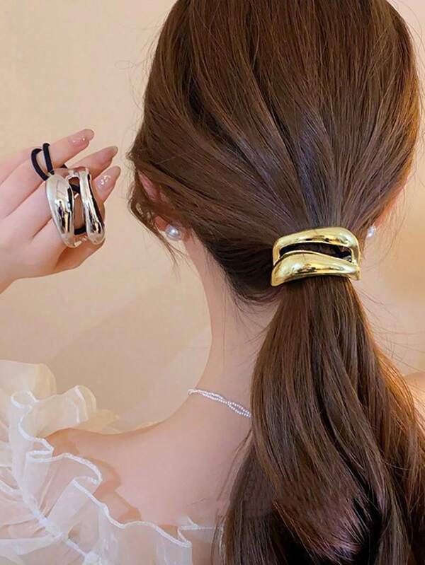 1/2 pièces Élégants Chouchous en métal doré minimalistes, Liens de cheveux  de luxe à design arc, Accessoires de cheveux de mode simple pour femmes, Supports de queue de cheval noués brillants, Anneaux de queue de cheval ronds, Élastiques pour cheveux, Décorations de cheveux pour femmes, Été, Vacances, Voyage, Festival, Fête