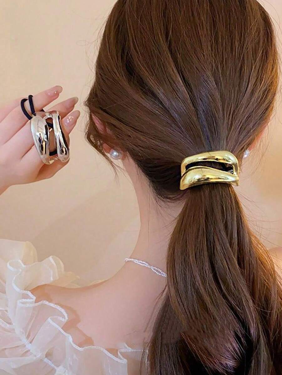 1/2pcs Elegant Gold Metal Minimalist Hair Scrunchies, Luxury Leather Arc Design Hair Ties, Women Simple Fashion Hair Accessories, Glossy Knotted Ponytail Holders, Round Top Ponytail Rings, Elastic Hair Bands, Women Hair Decorations,Summer,Holiday,Travel - Multicolor - View 1