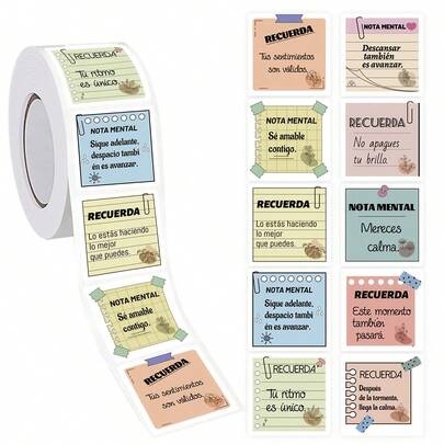 A Roll Of 500 Spanish Positive Reminder Stickers, Perfect For Use In Journals, Planners, Packaging, Scrapbooking, And Creative Decorations