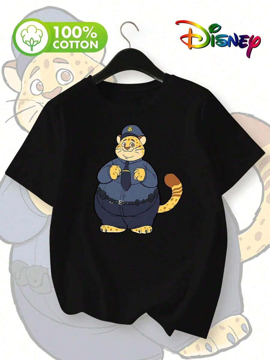 Disney Women's Casual Black T-Shirt With Zootopia Clawhauser Graphic Print, 100% Cotton Short Sleeve Round Neck Tee - 黑色 - 查看 1