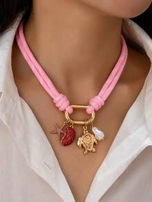 1 chiếc vòng cổ dây thừng màu hồng phong cách Boho Bohemian với mặt dây chuyền hình rùa và sao biển - Kiểu dáng vòng cổ choker bản to phong cách biển cả với khóa móc và mặt dây chuyền có thể tháo rời - Phụ kiện trang sức mùa hè cho nữ - Dây chuyền màu hồng - Xem 1